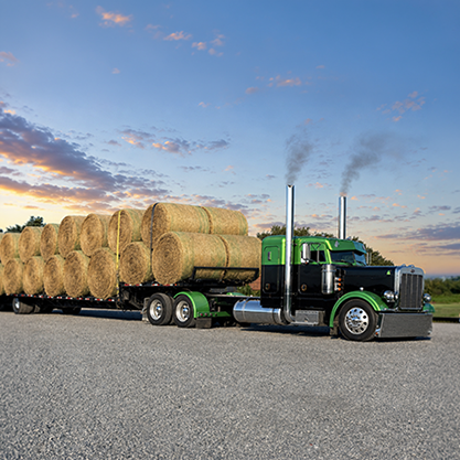Semi truck transporting round bales of ha